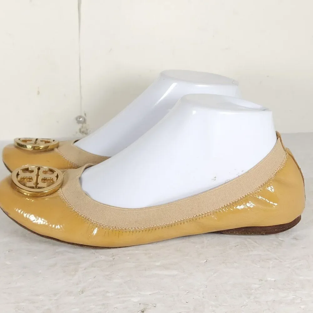 TORY BURCH Women's Caroline 2 US 8M Tan Leather Logo Slip On Ballet Flats